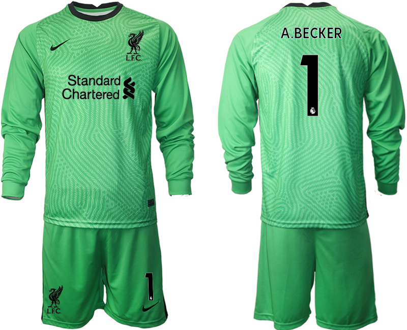 2021 Men Liverpool green goalkeeper long sleeve #1 soccer jerseys->liverpool jersey->Soccer Club Jersey